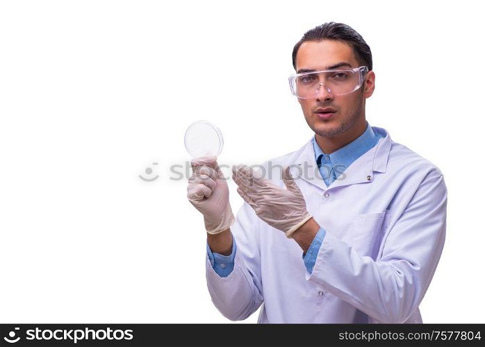 The young male chemist isolated on white. Young male chemist isolated on white