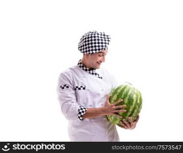 The young male cook with watermelon isolated on white. Young male cook with watermelon isolated on white