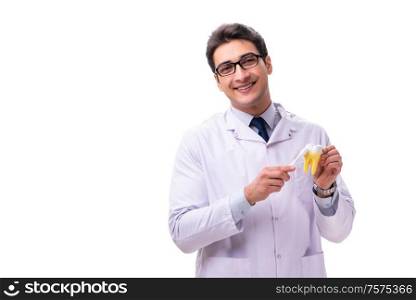 The young male doctor stomatologist isolated on white. Young male doctor stomatologist isolated on white