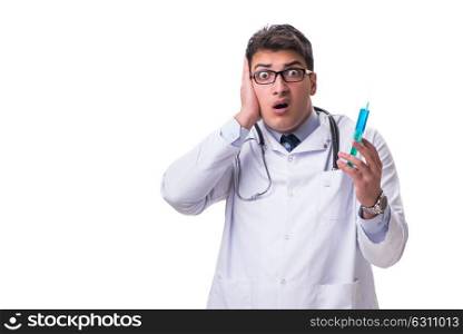 The young male doctor with a syringe isolated on white background. Young male doctor with a syringe isolated on white background