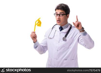 The young male doctor with goniometer isolated on white. Young male doctor with goniometer isolated on white