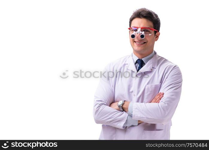 The young male doctor with magnifying glasses isolated on white. Young male doctor with magnifying glasses isolated on white