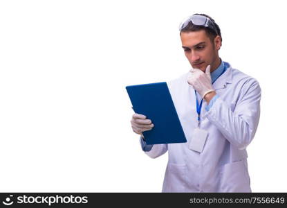 The young male doctor with notes isolated on white. Young male doctor with notes isolated on white