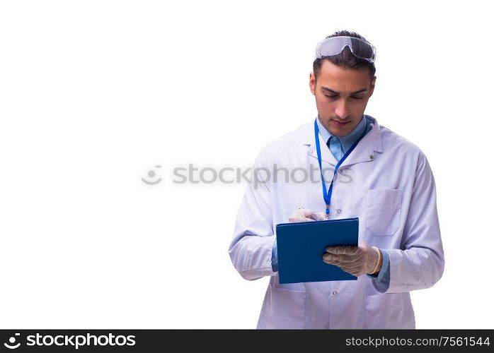 The young male doctor with notes isolated on white. Young male doctor with notes isolated on white