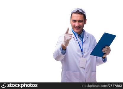 The young male doctor with notes isolated on white. Young male doctor with notes isolated on white