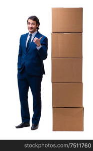 The young male employee with boxes isolated on white. Young male employee with boxes isolated on white