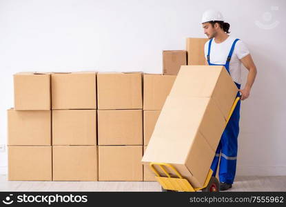 The young male professional mover doing home relocation. Young male professional mover doing home relocation