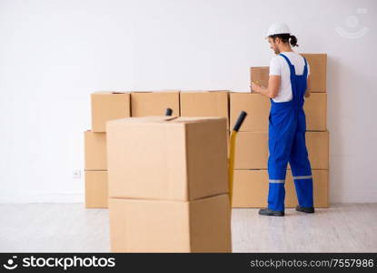 The young male professional mover doing home relocation. Young male professional mover doing home relocation