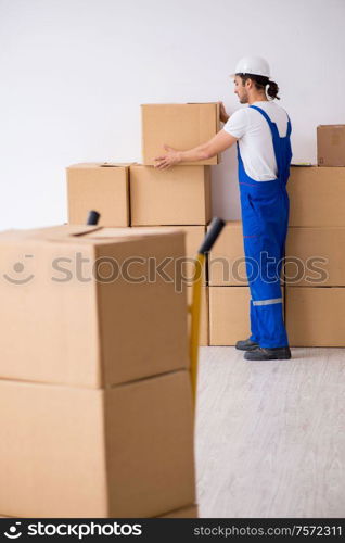 The young male professional mover doing home relocation. Young male professional mover doing home relocation