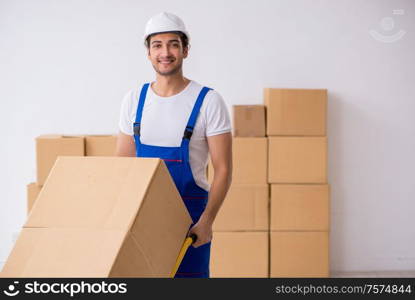 The young male professional mover doing home relocation. Young male professional mover doing home relocation