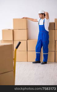 The young male professional mover doing home relocation. Young male professional mover doing home relocation