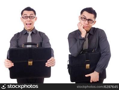 The young man holding briefcase isolated on white. Young man holding briefcase isolated on white
