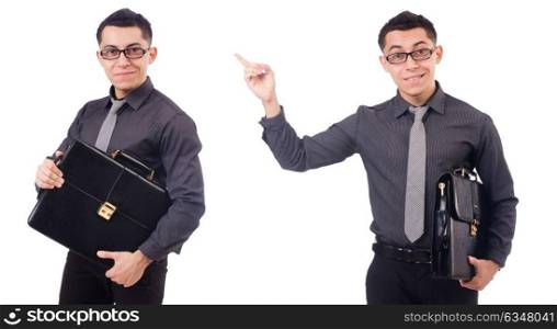 The young man holding briefcase isolated on white. Young man holding briefcase isolated on white