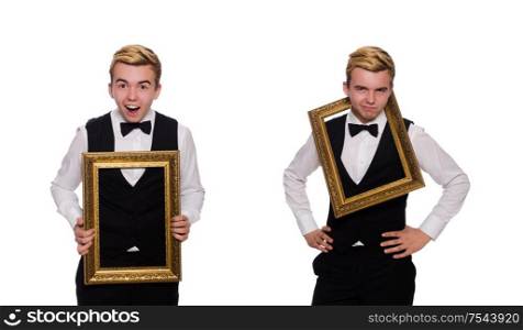 The young man holding frame isolated on white. Young man holding frame isolated on white