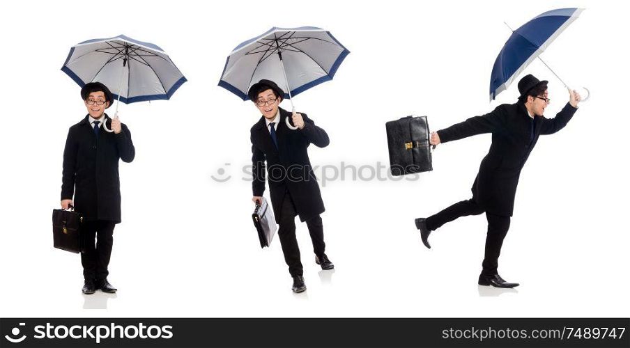 The young man holding suitcase and umbrella isolated on white. Young man holding suitcase and umbrella isolated on white