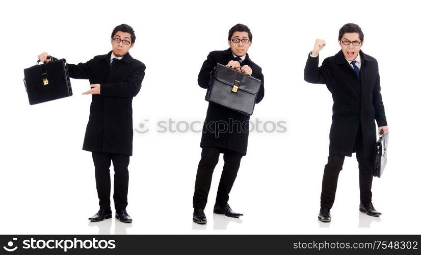 The young man holding suitcase isolated on white. Young man holding suitcase isolated on white