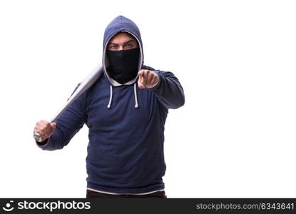 The young man hooligan with baseball bat isolated on white. Young man hooligan with baseball bat isolated on white