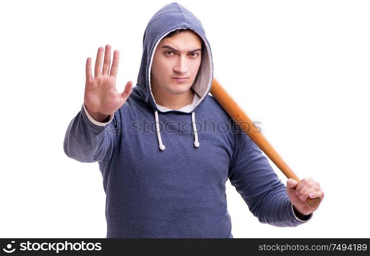 The young man hooligan with baseball bat isolated on white. Young man hooligan with baseball bat isolated on white
