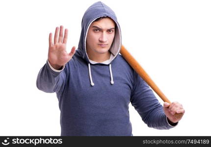 The young man hooligan with baseball bat isolated on white. Young man hooligan with baseball bat isolated on white