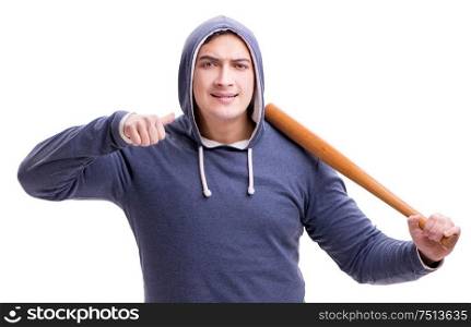 The young man hooligan with baseball bat isolated on white. Young man hooligan with baseball bat isolated on white