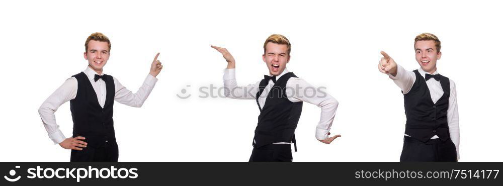 The young man in black classic vest isolated on white. Young man in black classic vest isolated on white