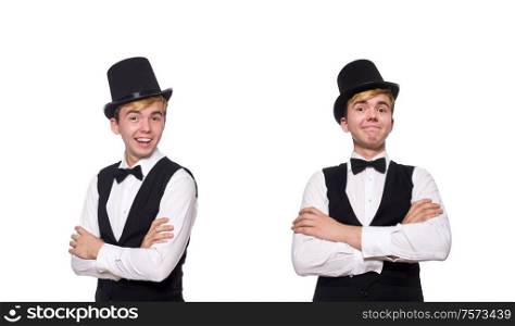 The young man in black classic vest isolated on white. Young man in black classic vest isolated on white