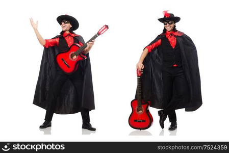 The young man in carnival coat with guitar isolated on white. Young man in carnival coat with guitar isolated on white