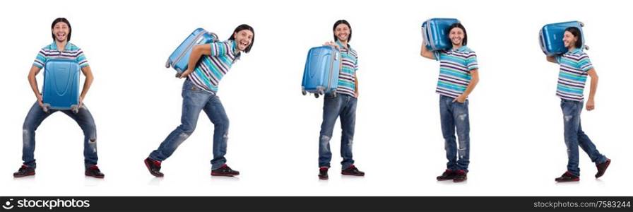The young man travelling with suitcases isolated on white. Young man travelling with suitcases isolated on white