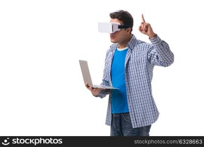 The young man wearing virtual reality vr glasses. Young man wearing virtual reality VR glasses
