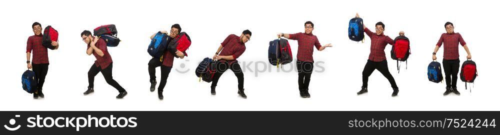 The young man with bags isolated on white. Young man with bags isolated on white
