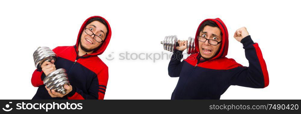 The young man with dumbbells isolated on white. Young man with dumbbells isolated on white