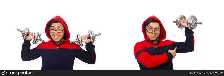 The young man with dumbbells isolated on white. Young man with dumbbells isolated on white