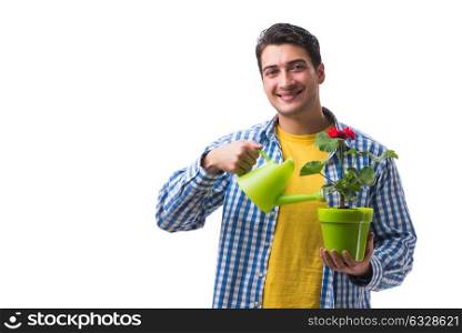 The young man with flower pot isolated on white. Young man with flower pot isolated on white