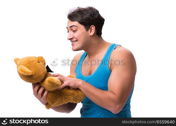 The young man with toy animal isolated on white background. Young man with toy animal isolated on white background