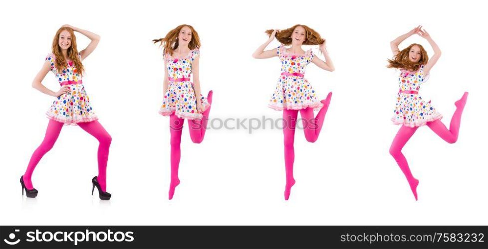 The young model with pink stockings on white. Young model with pink stockings on white