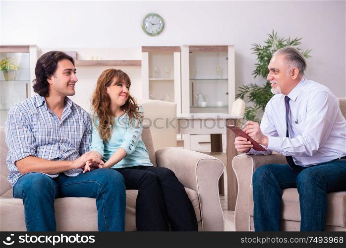 The young pair visiting experienced doctor psychologist. Young pair visiting experienced doctor psychologist
