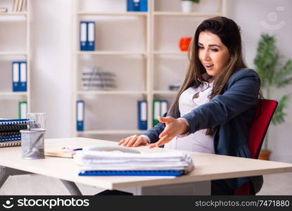 The young pregnant woman working in the office . Young pregnant woman working in the office 