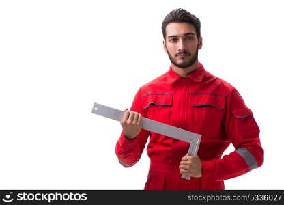 The young repairman with a square ruler isolated on white background. Young repairman with a square ruler isolated on white background