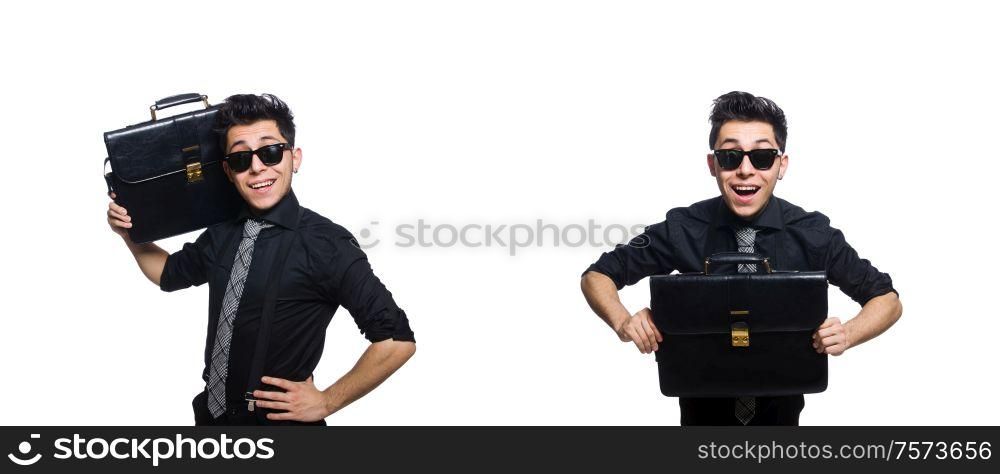 The young smiling employee with briefcase isolated on white. Young smiling employee with briefcase isolated on white