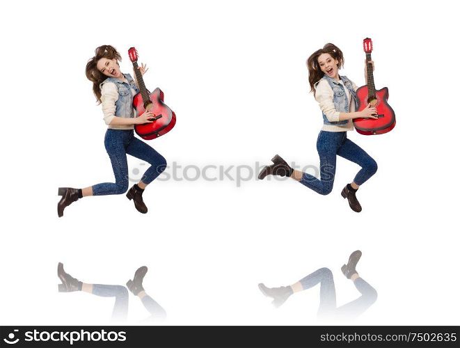 The young smiling girl with guitar isolated on white. Young smiling girl with guitar isolated on white
