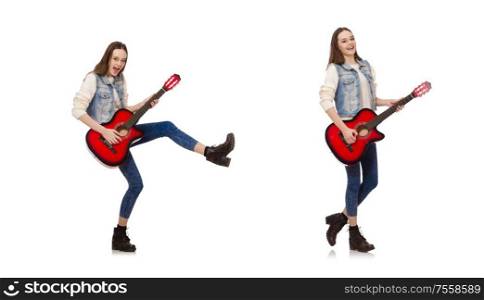 The young smiling girl with guitar isolated on white. Young smiling girl with guitar isolated on white
