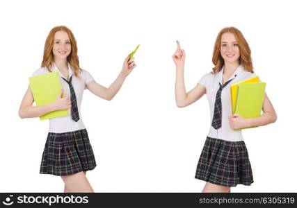 The young student female pointing isolated on white. Young student female pointing isolated on white