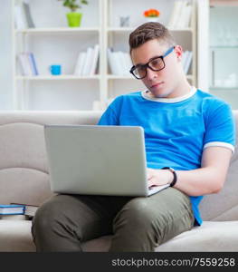 The young student preparing for exams studying at home on a sofa. Young student preparing for exams studying at home on a sofa