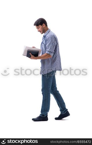 The young student with book ang notes isolated on white. Young student with book ang notes isolated on white