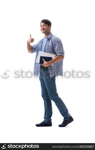 The young student with book ang notes isolated on white. Young student with book ang notes isolated on white