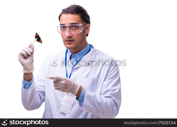 The young student zoologist with butterfly isolated on white. Young student zoologist with butterfly isolated on white