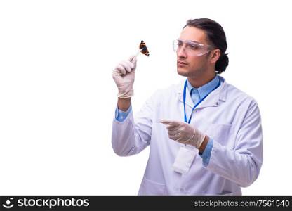 The young student zoologist with butterfly isolated on white. Young student zoologist with butterfly isolated on white