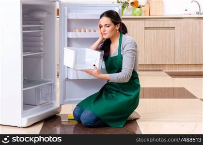 The young woman cleaning fridge in hygiene concept . Young woman cleaning fridge in hygiene concept
