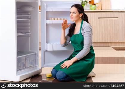 The young woman cleaning fridge in hygiene concept. Young woman cleaning fridge in hygiene concept