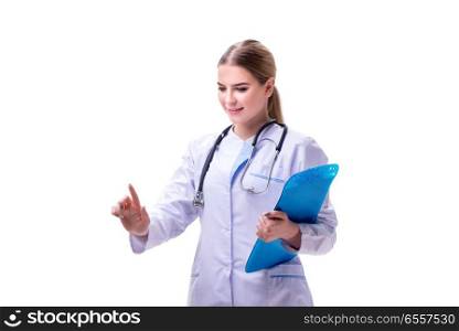 The young woman doctor isolated on white background. Young woman doctor isolated on white background. The young woman doctor isolated on white background